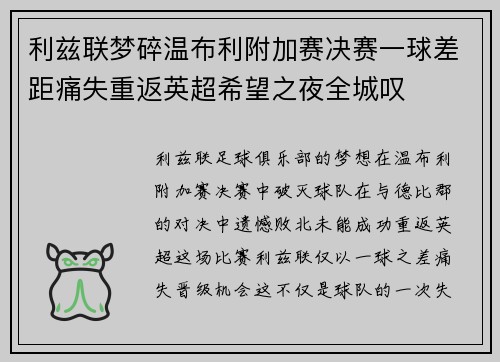 利兹联梦碎温布利附加赛决赛一球差距痛失重返英超希望之夜全城叹 利兹联梦碎温布利附加赛决赛一球差距痛失重返英超希望之夜全城叹